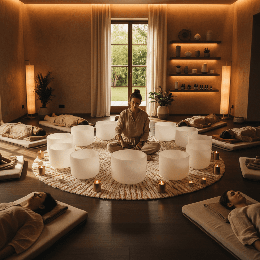 A tranquil sound healing session at Soul Art Dubai, featuring crystal bowls and ambient lighting, embodying the essence of Larissa Steinbach's transformative sound wellness practices.