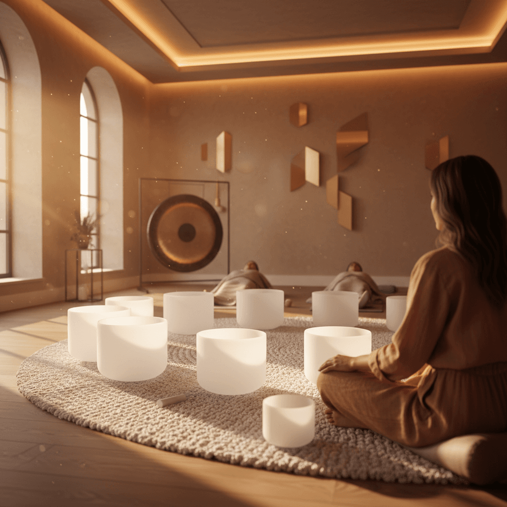 A tranquil sound bath setup at Soul Art Dubai, featuring crystal singing bowls and gongs, illustrating the immersive experience offered by Larissa Steinbach's studio, highlighting deep relaxation.