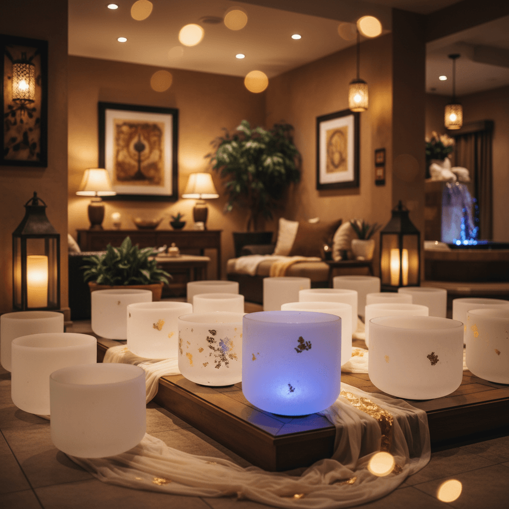 Larissa Steinbach guiding a sound wellness session at Soul Art Dubai, with crystal singing bowls resonating to the 396Hz frequency, promoting liberation from fear and guilt and fostering emotional freedom.