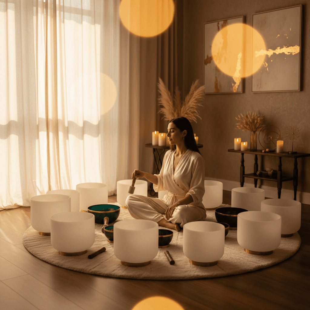 A serene sound bath setting at Soul Art Dubai, with founder Larissa Steinbach arranging crystal singing bowls, symbolizing the calming power of 4-7-8 breathing and evening sound rituals for deep relaxation.