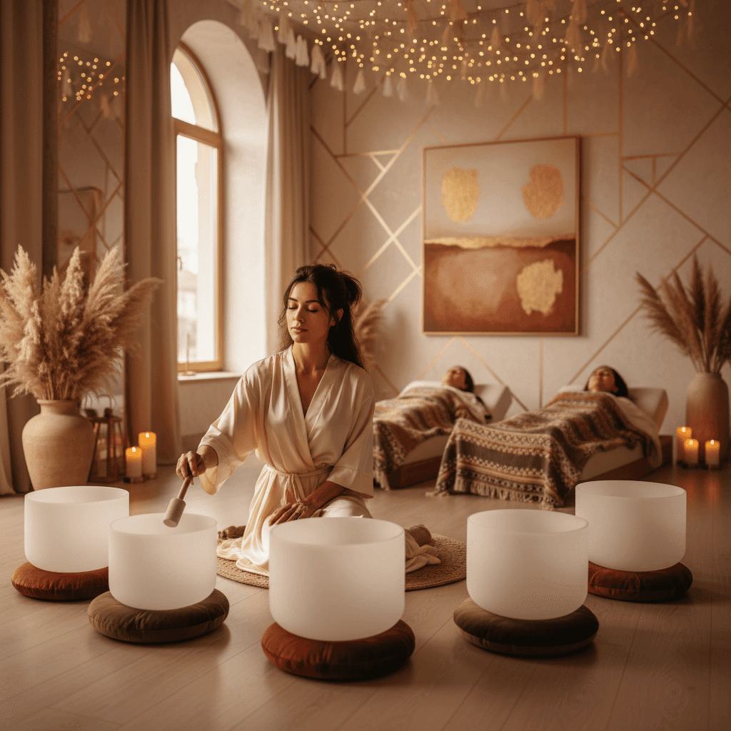 Nahaufnahme einer Person, die entspannt auf einem Klangbett liegt und die 40Hz vibroakustische Stimulation erlebt. Soul Art Dubai bietet mit Larissa Steinbach fortschrittliche Wellness-Praktiken an.