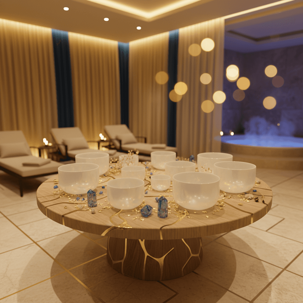 A person meditating during a sound bath session at Soul Art Dubai, surrounded by glowing crystal bowls.
