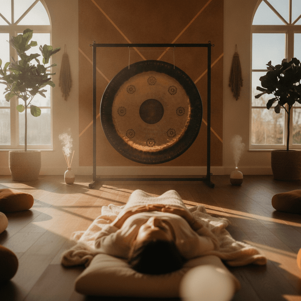 Eine Frau in entspannter Haltung während eines Klangbades, umgeben von Klangschalen und Gongs, die ein Gefühl von Ruhe und Wohlbefinden ausstrahlen. Dieses Bild repräsentiert die meditative Atmosphäre bei Soul Art von Larissa Steinbach und die Vorteile von Klangbädern für Entspannung und Stressma...