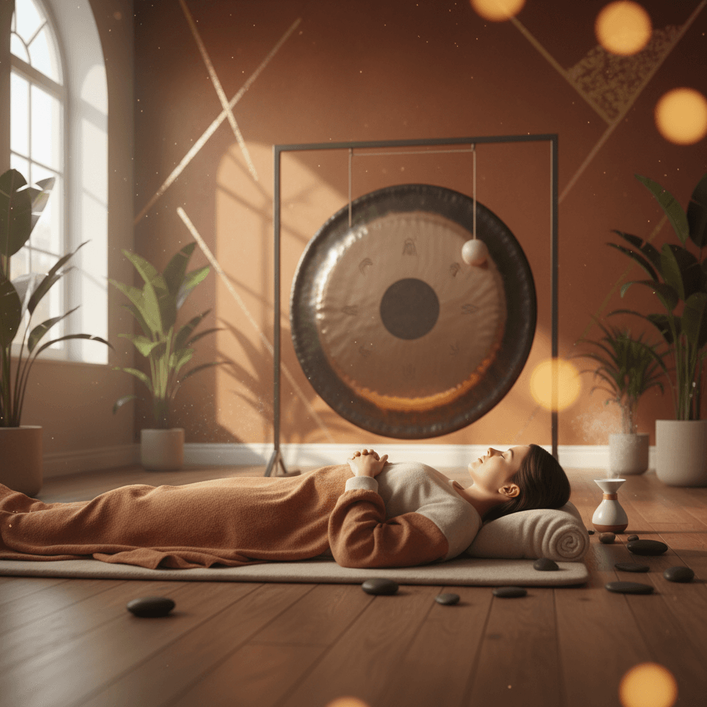 An older woman gracefully engaging in a sound bath session at Soul Art, designed by Larissa Steinbach, promoting accessible wellness and relaxation.