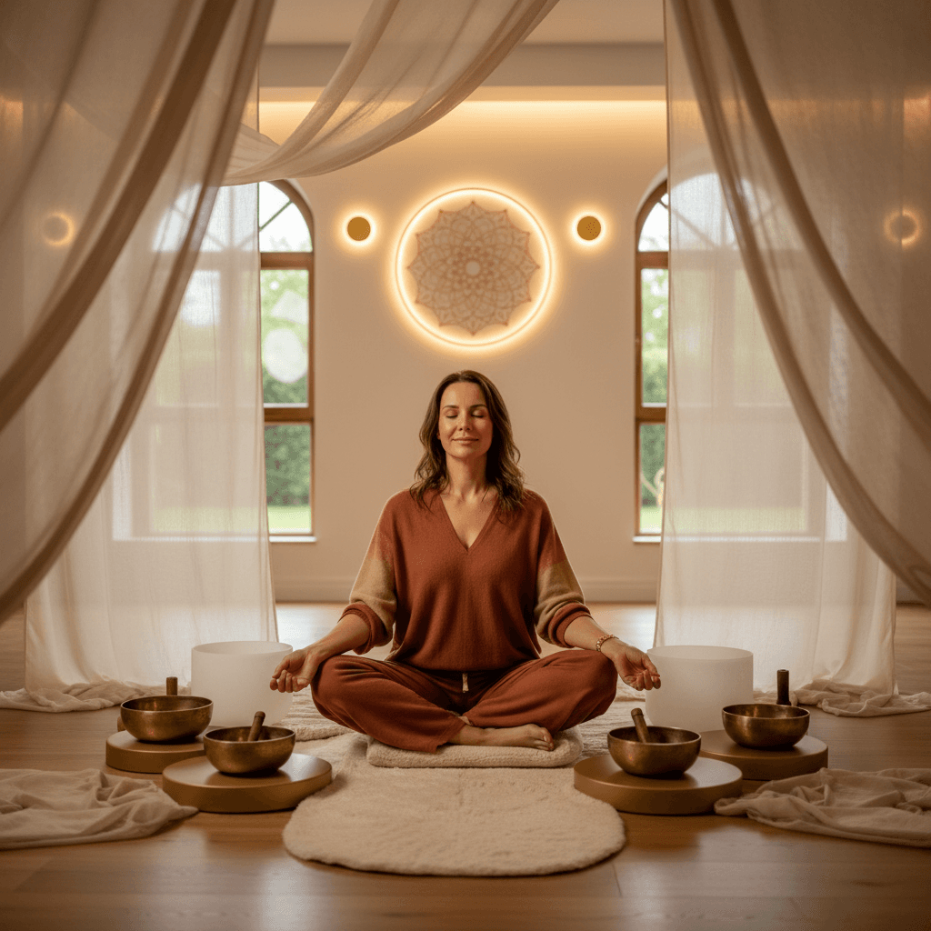 Eine Buchhalterin entspannt sich während einer Klang-Wellness-Sitzung von Larissa Steinbach bei Soul Art, um Stress in der Steuersaison zu reduzieren.