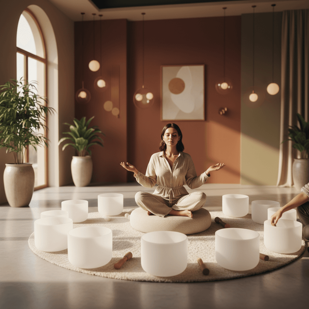 Eine Frau lauscht aufmerksam Klangschalen, symbolisierend aktives Zuhören und Klang-Wellness bei Soul Art Dubai mit Larissa Steinbach, für tiefe Entspannung und neuronale Aktivierung.