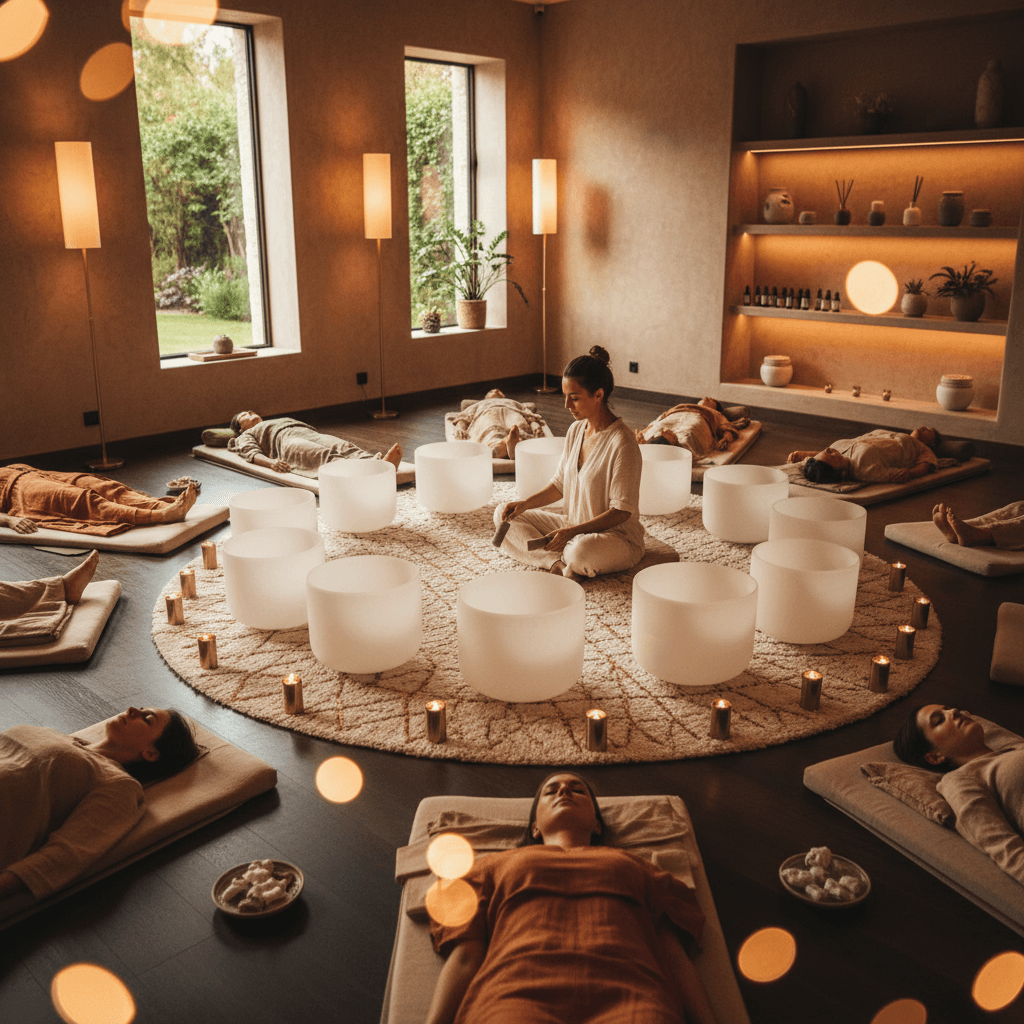 A person experiencing deep relaxation during a sound wellness session, surrounded by crystal bowls and therapeutic instruments, embodying emotional access through sound at Soul Art Dubai, founded by Larissa Steinbach.