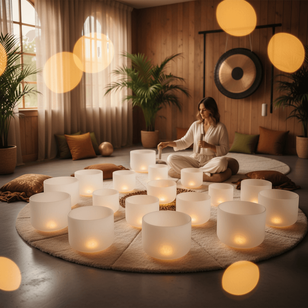 A tranquil scene at Soul Art Dubai, featuring a sound healing session led by Larissa Steinbach, with crystal singing bowls glowing subtly, symbolizing deep relaxation and natural fatigue reduction.