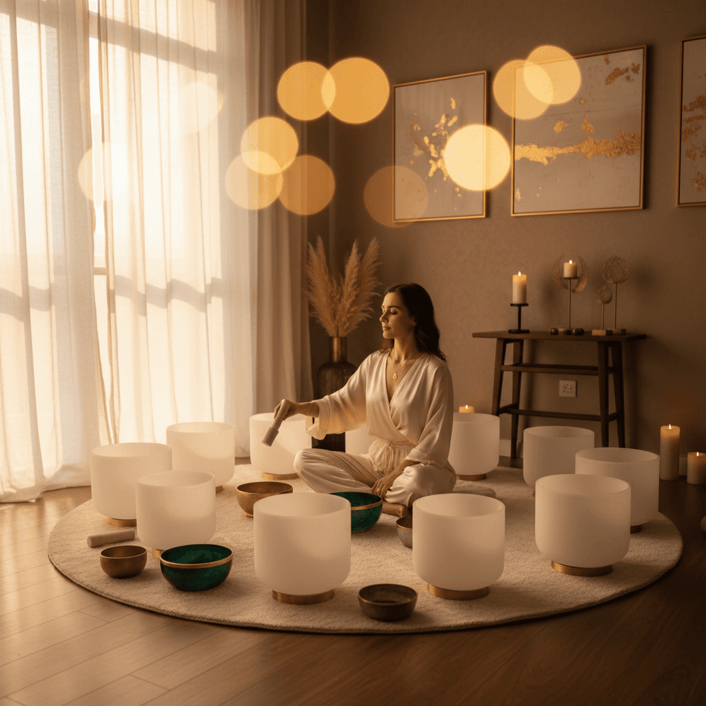 Eine Frau entspannt sich in einer Klang-Wellness-Sitzung bei Soul Art Dubai, geführt von Larissa Steinbach, um die Nebennierengesundheit zu fördern und Stress abzubauen.