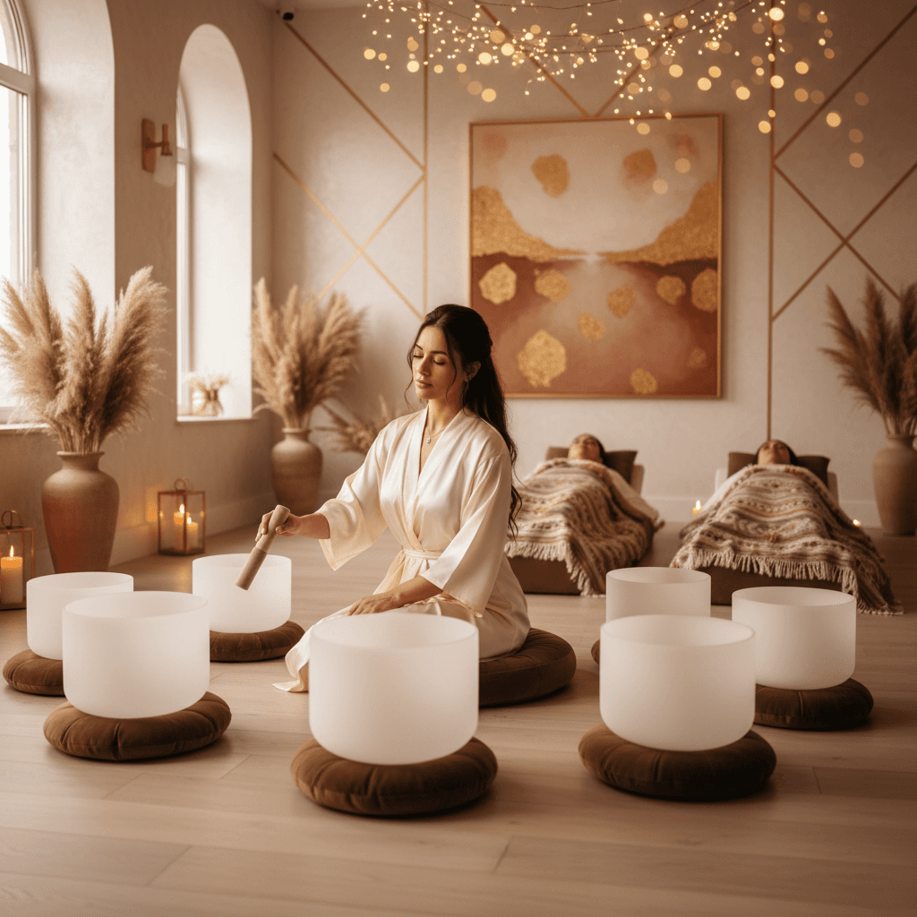 Larissa Steinbach of Soul Art guides a client through a profound somatic sound healing session, emphasizing mindful aftercare for nervous system regulation and deep wellness in Dubai.