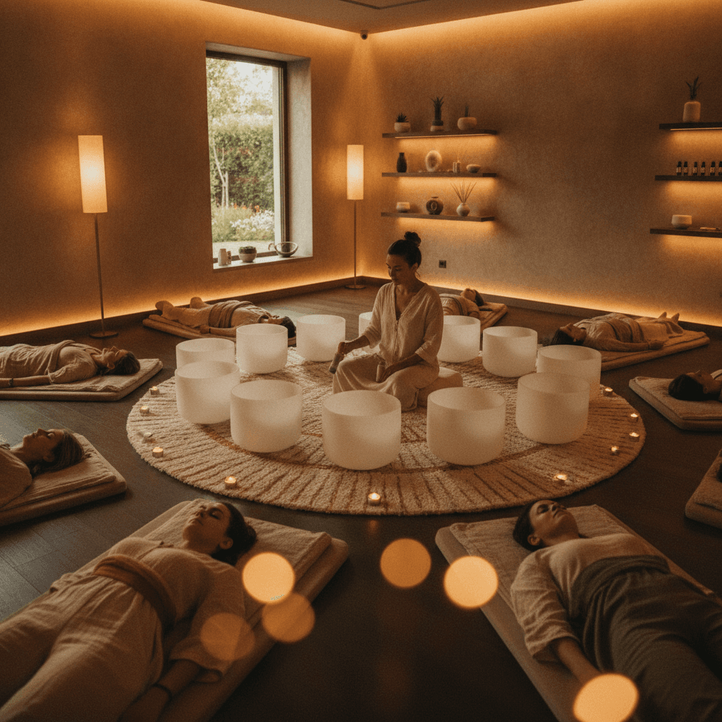 Eine Person entspannt sich auf einer modernen Klangliege während einer Vibroakustik-Sitzung bei Soul Art Dubai, geleitet von Larissa Steinbach, inmitten einer ruhigen, luxuriösen Umgebung. Die sanften Vibrationen fördern tiefes Wohlbefinden und Regeneration.