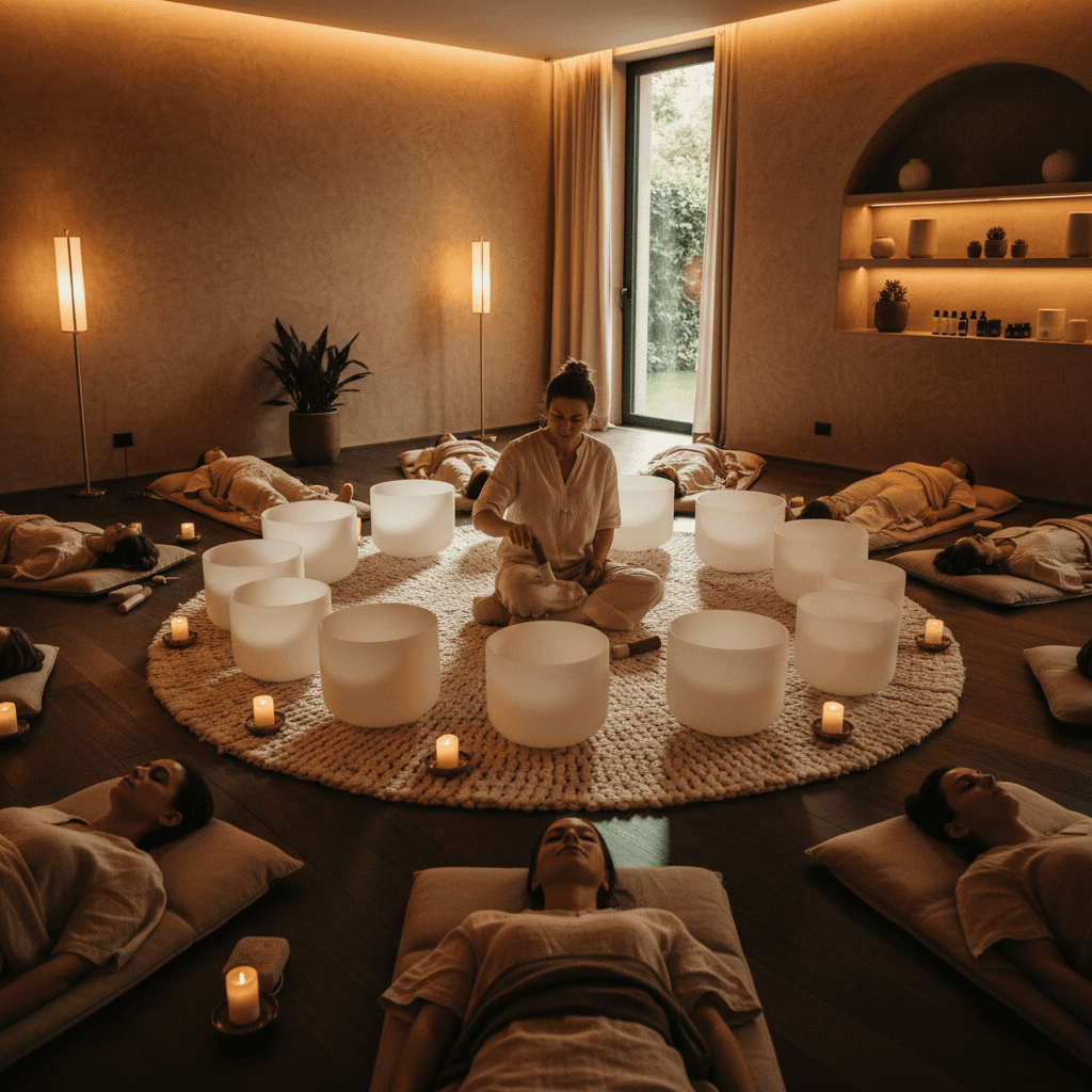 A tranquil image of a hand gently striking a Tibetan singing bowl, evoking a sense of calm and well-being. This represents Soul Art's approach to sound wellness, guided by Larissa Steinbach.