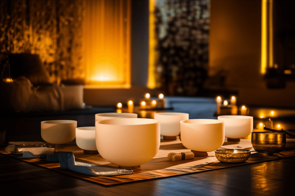 A person meditating surrounded by warm, glowing sound bowls, representing the deep relaxation experienced at Soul Art Dubai, led by Larissa Steinbach, through Ahata and Anahata sound practices.