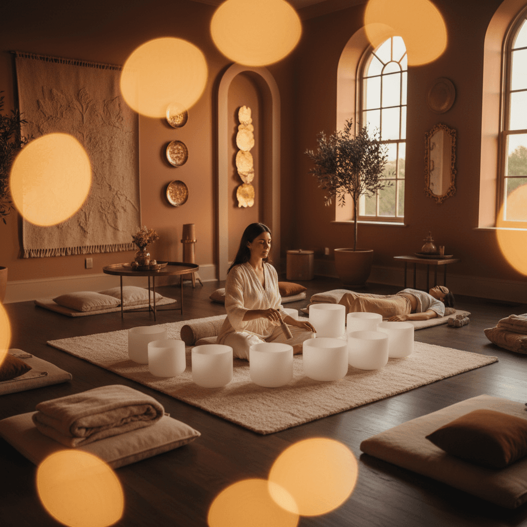 Larissa Steinbach of Soul Art Dubai guiding a sound wellness session, surrounded by Himalayan singing bowls, offering deep relaxation and stress relief after travel. The studio is bathed in warm, soft light, emphasizing the serene atmosphere of Soul Art.