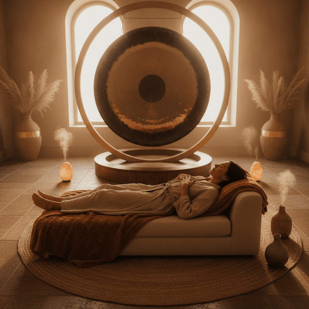 A tranquil scene depicting a sound bath session outdoors in Al Barari, Dubai, with crystal singing bowls and gongs. This imagery reflects Soul Art's unique nature-led sound wellness experiences, as pioneered by Larissa Steinbach.