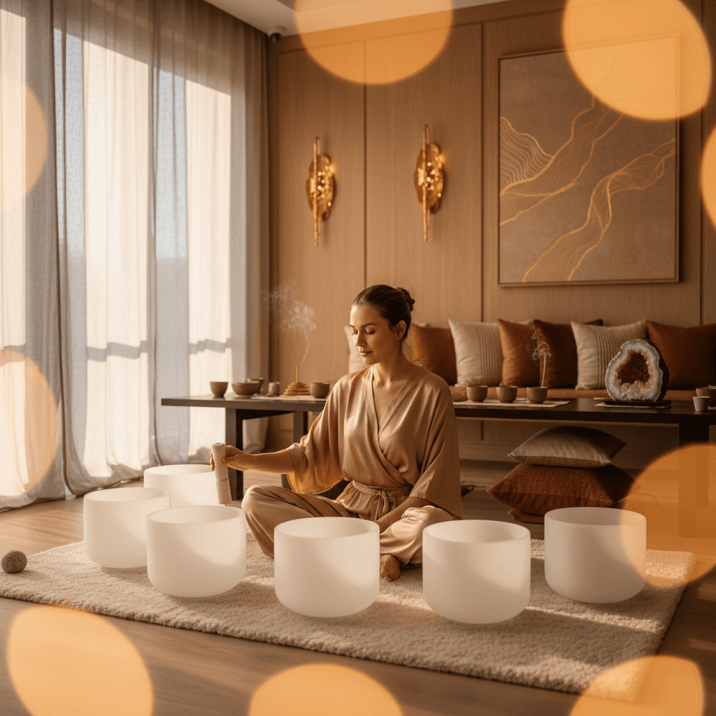 Larissa Steinbach from Soul Art Dubai demonstrating the profound vibrational benefits of Alchemy Crystal Bowls, infused with precious gemstones and metals, for enhanced sound wellness.