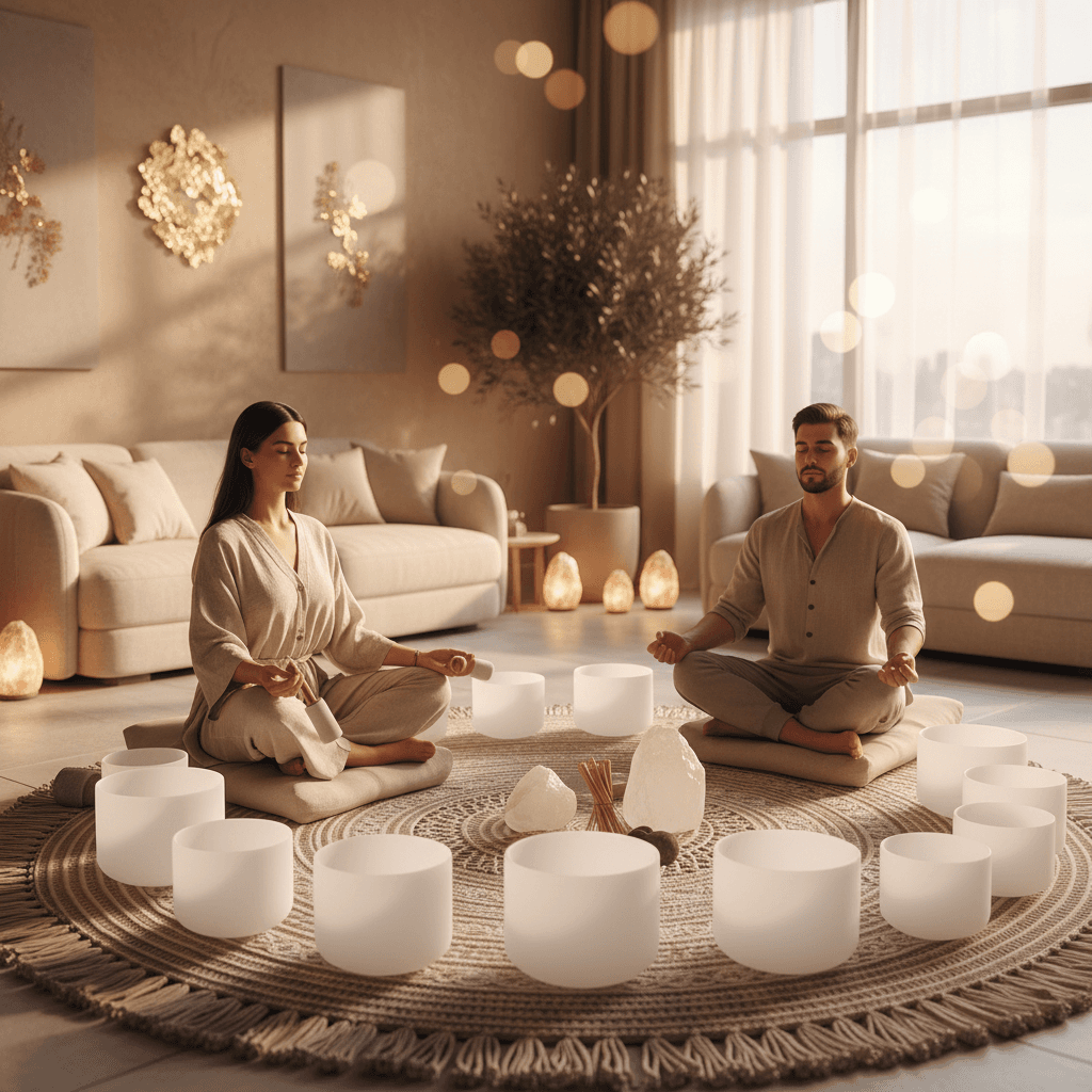 امرأة تتأمل بهدوء في استوديو سول آرت، دبي، مع أضواء ناعمة في الخلفية، ترمز إلى الوعي الصوتي والخصوصية الرقمية في عالم Larissa Steinbach.