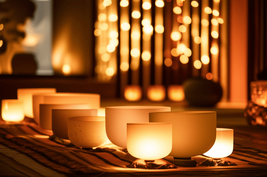 A serene sound healing session at Soul Art Dubai, led by Larissa Steinbach, with gongs and singing bowls creating rhythmic soundscapes to induce altered states of consciousness and deep relaxation.