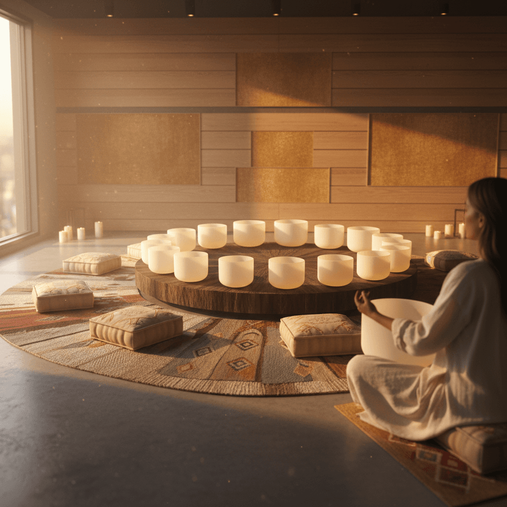 A serene individual immersed in a sound bath, surrounded by crystal singing bowls and gentle light, representing deep relaxation and consciousness shift through sound wellness at Soul Art Dubai with Larissa Steinbach.