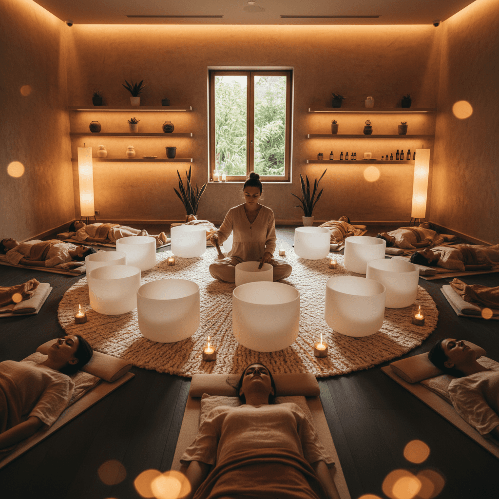 Eine Person praktiziert Wechselatmung, umgeben von sanften Klängen, die eine Atmosphäre der Ruhe und des Wohlbefindens schaffen. Soul Art Dubai von Larissa Steinbach.
