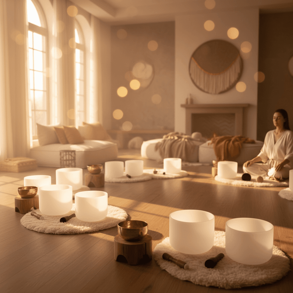 A serene studio space with singing bowls and soft lighting, representing Soul Art's peaceful environment. Larissa Steinbach's sound healing sessions blend ancient wisdom with modern science.