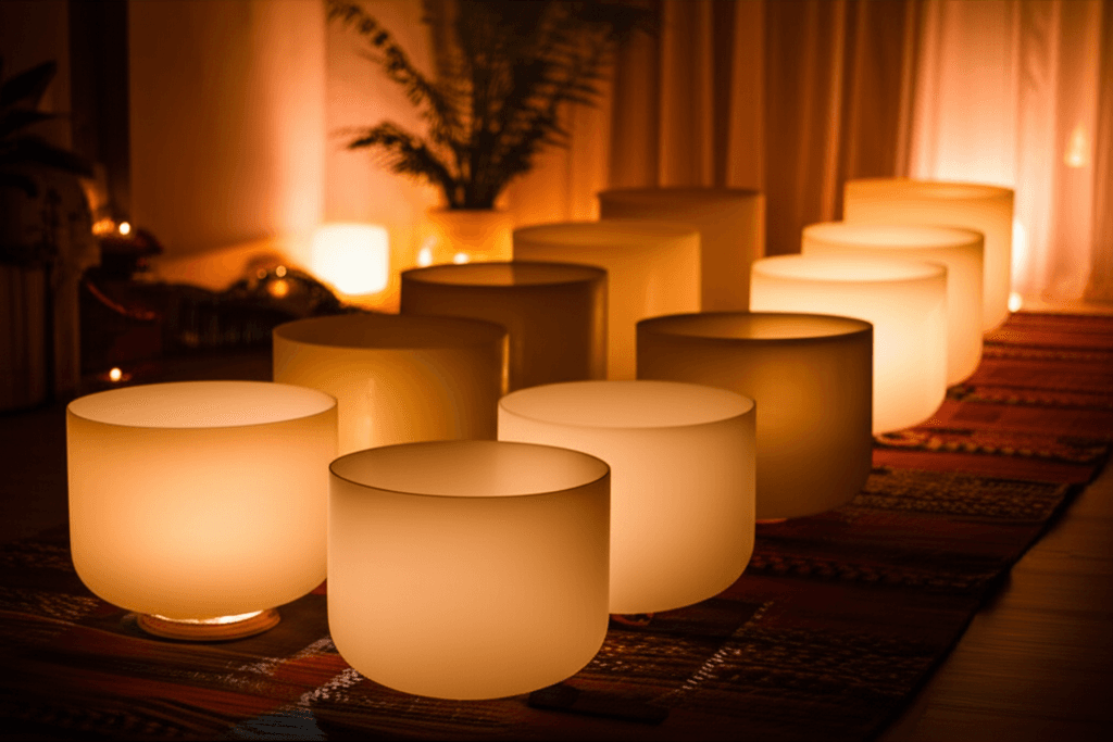 Eine Person sitzt meditierend vor einem großen Gong, umgeben von Klangschalen, symbolisierend Entspannung und emotionales Gleichgewicht. Soul Art und Larissa Steinbach bieten Klangtherapie in Dubai für Wutmanagement an.
