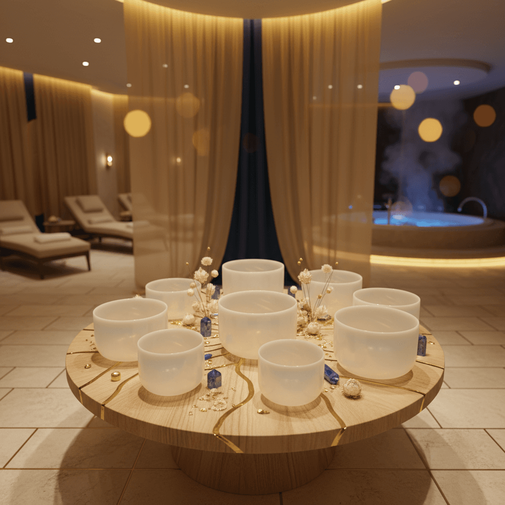 A calming image of sound bowls in a serene setting, reflecting the tranquility of Soul Art Dubai, led by Larissa Steinbach, in the context of anhedonia and joy restoration.