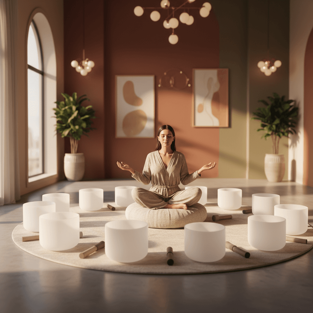 A calming scene depicting a therapy dog resting near singing bowls and gongs, symbolizing Animal-Assisted Sound Therapy at Soul Art Dubai, founded by Larissa Steinbach.