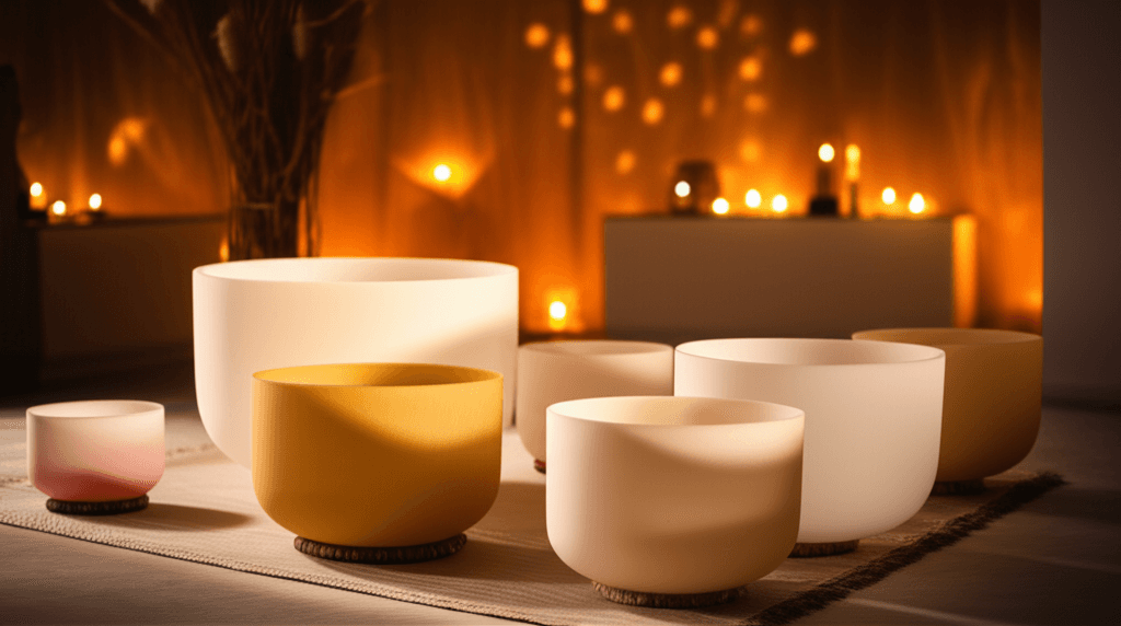 A serene image depicting a person in quiet contemplation during a sound bath session, surrounded by gentle light and singing bowls, embodying Soul Art's approach to remembrance and healing led by Larissa Steinbach.