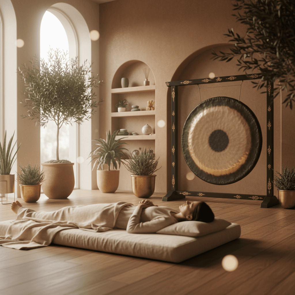 A couple holding hands in a serene, dimly lit sound wellness studio, surrounded by crystal singing bowls, representing an intimate Anniversary Sound Bath experience at Soul Art Dubai, founded by Larissa Steinbach.
