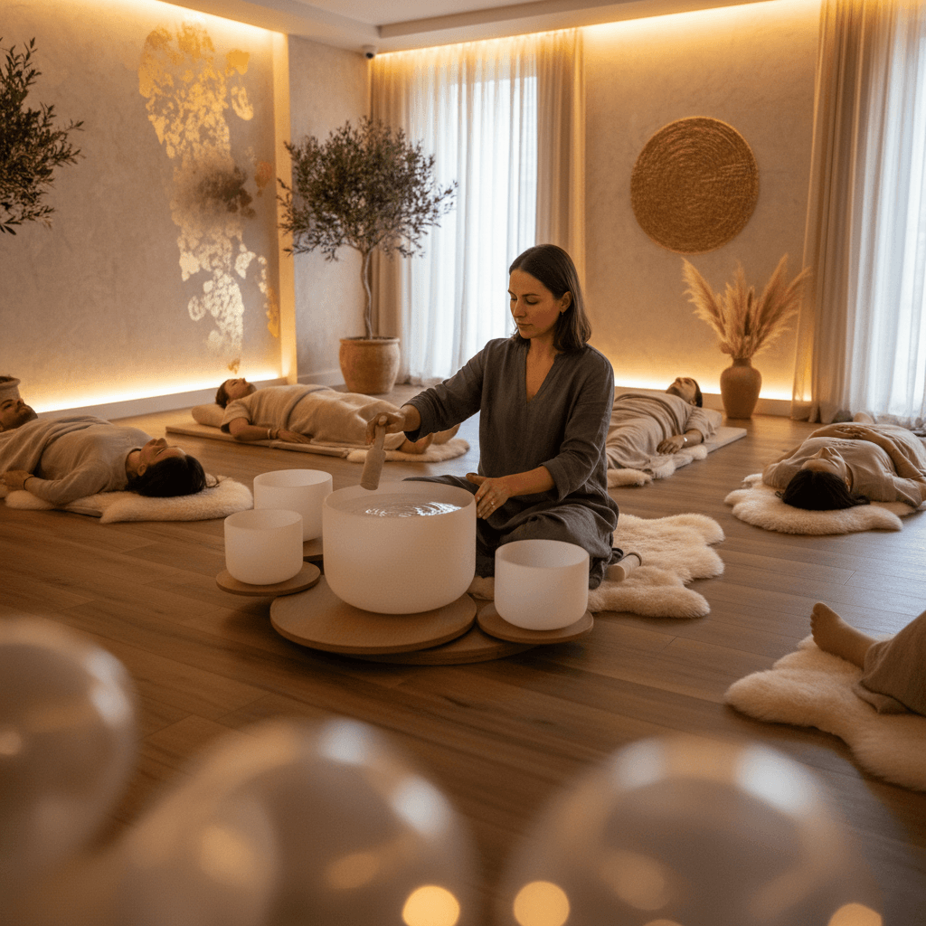 A loving couple embracing with serene expressions, surrounded by warm light, symbolizing connection and wellbeing, by Soul Art Dubai with Larissa Steinbach.