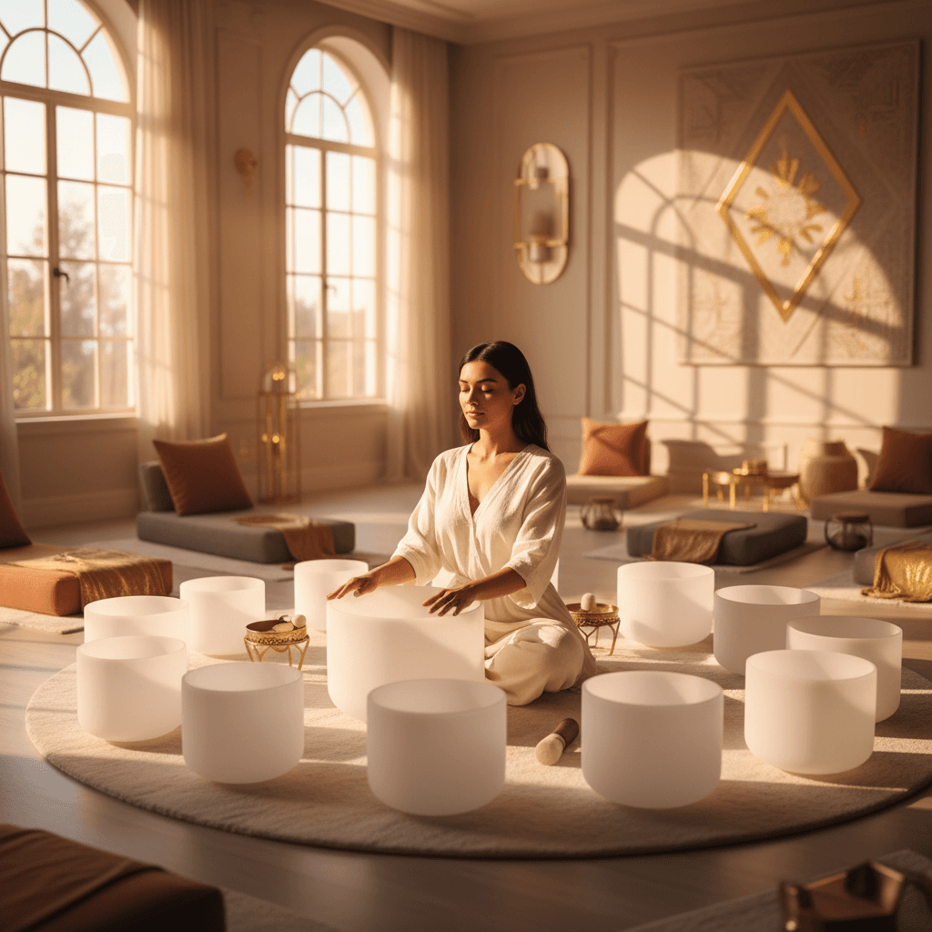 Ein Paar, das sich bei einer Klang-Wellness-Sitzung in einem entspannten Raum die Hände hält, symbolisiert Beziehungsmeilensteine und tiefe Verbindung. Eine einzigartige Erfahrung von Soul Art in Dubai, geleitet von Larissa Steinbach.