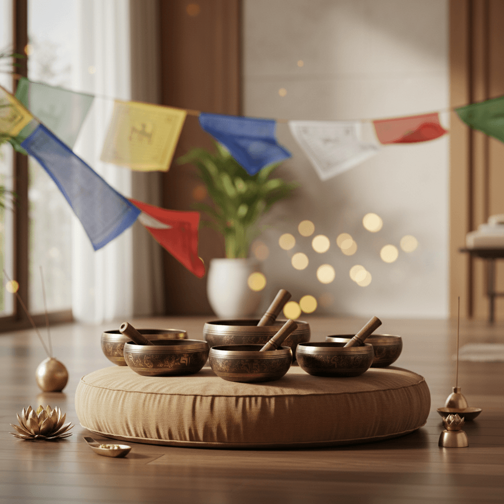 Zwei tibetische Klangschalen, eine antik und eine modern, nebeneinander liegend auf einem Tuch, mit Fokus auf die feine Handwerkskunst. Ein Bild, das die Expertise von Larissa Steinbach und Soul Art Dubai in Klang-Wellness unterstreicht.