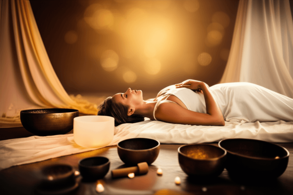 A child lying peacefully with headphones on, surrounded by soft light, representing gentle sound therapy at Soul Art by Larissa Steinbach, promoting relaxation for childhood anxiety.