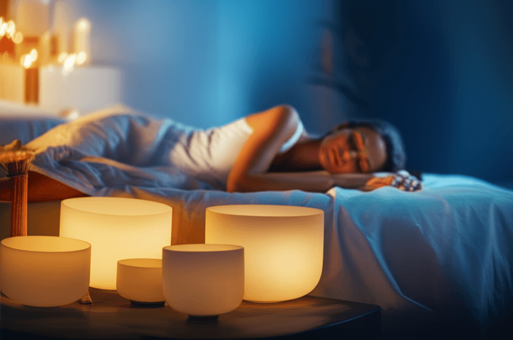 Eine beruhigende Szene mit einer Person, die friedlich in einem luxuriösen Raum schläft, beleuchtet von warmem Licht, das Ruhe ausstrahlt. Im Hintergrund sind subtile Klangschalen und Gongs angedeutet, Symbole für die tiefenentspannenden Angebote von Soul Art Dubai unter der Leitung von Larissa S...