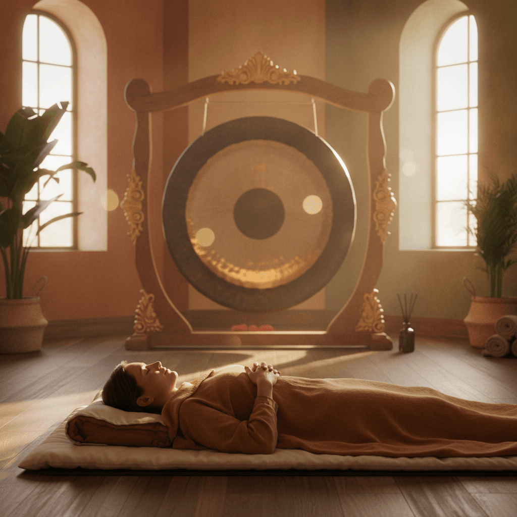 Larissa Steinbach from Soul Art conducting a serene sound bath session in a luxurious Arabian Ranches villa, surrounded by crystal singing bowls and gongs.