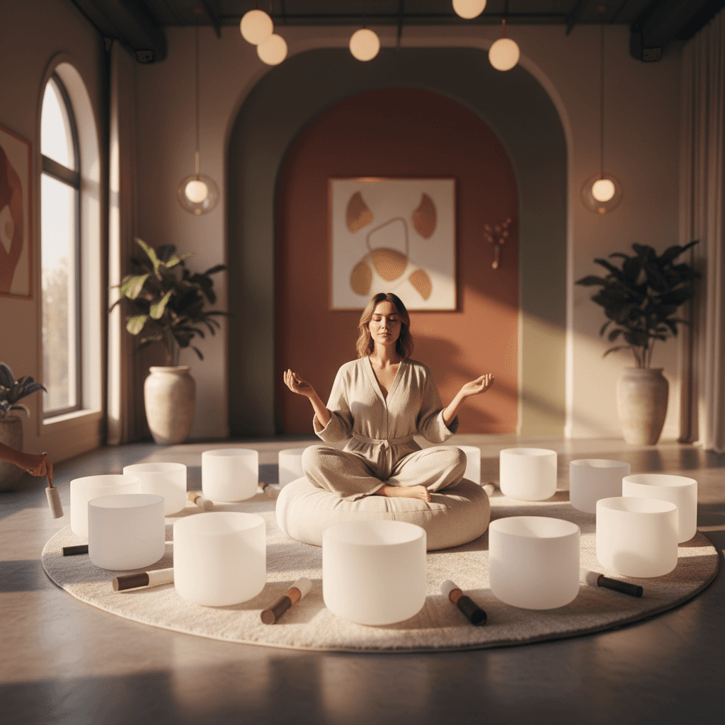 Larissa Steinbach von Soul Art Dubai demonstriert Klangschalen und Gongs, die mit der mentalen Präzision und Stille des Bogenschießens verbunden sind, und fördert damit Fokus und innere Ruhe bei Soul Art.