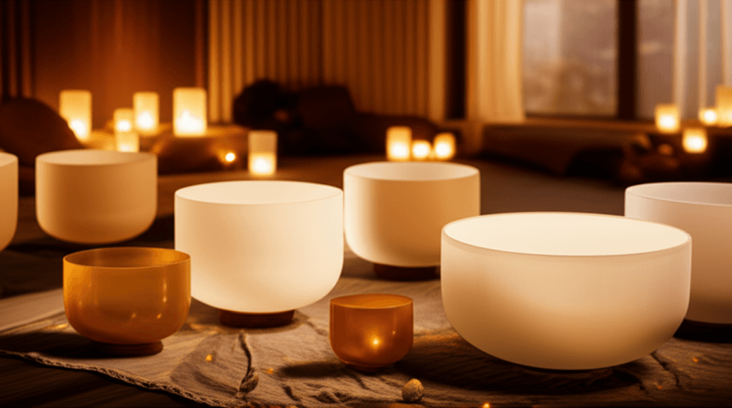 A tranquil scene at Soul Art, featuring a singing bowl amidst gentle aromatherapy mist, symbolizing the sensory synergy of sound and scent experiences curated by Larissa Steinbach for profound relaxation and wellness.