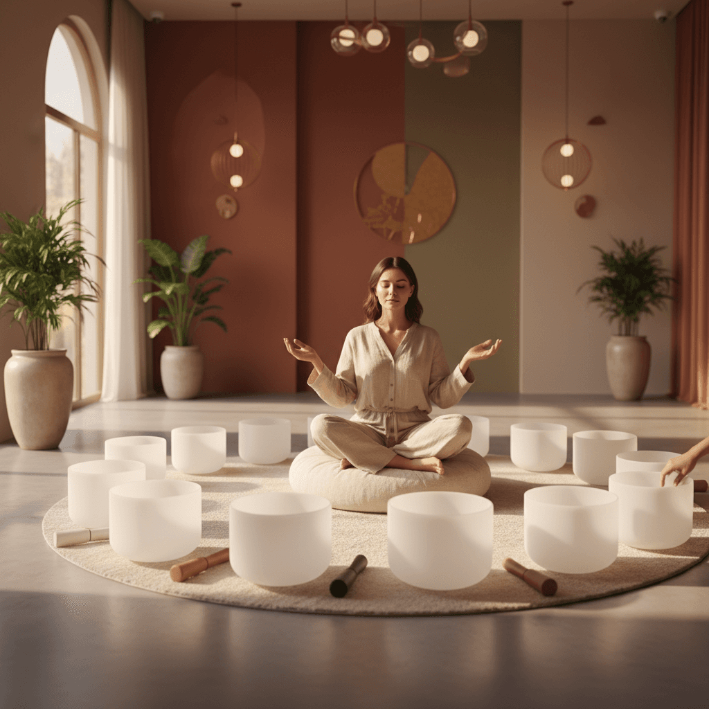 A person with eyes closed, experiencing a sound bath with Tibetan singing bowls, illustrating Soul Art's HRV training approach by Larissa Steinbach.