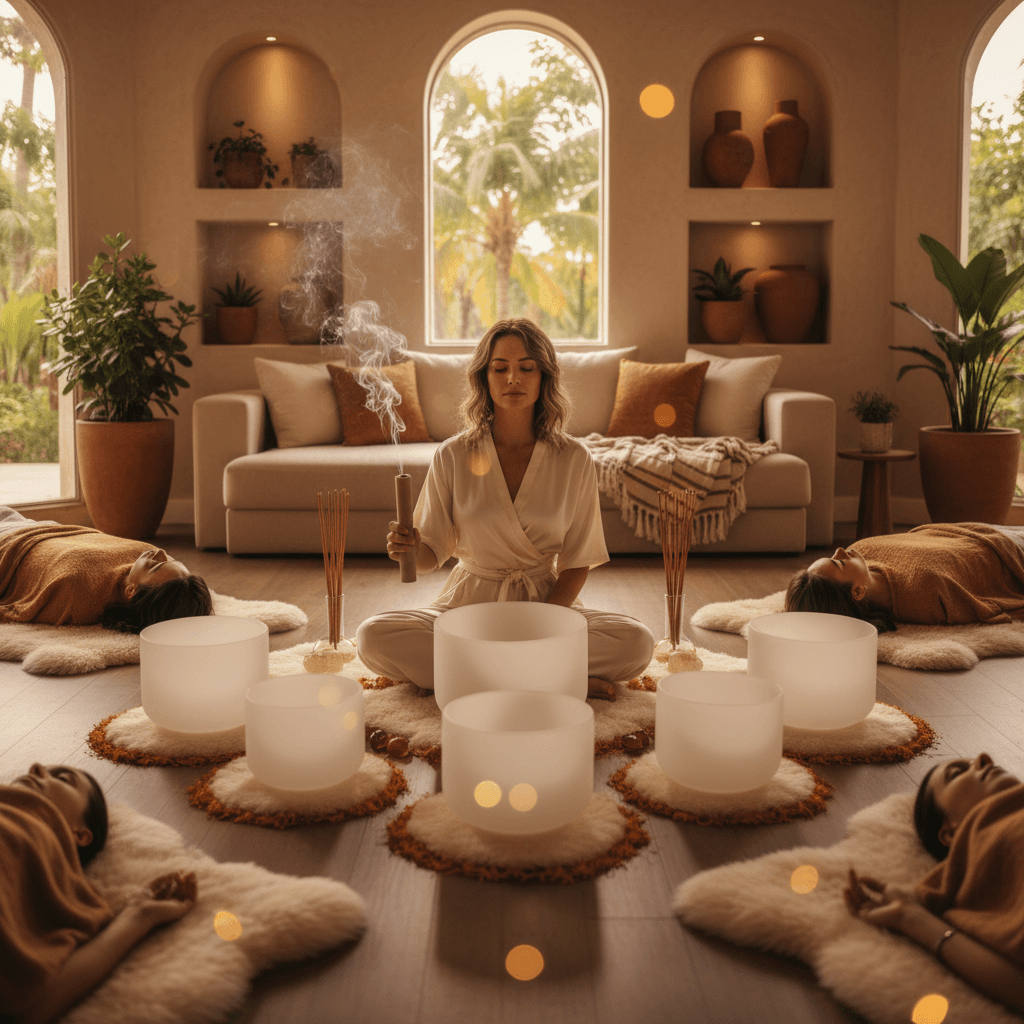 Eine Künstlerin in einem minimalistischen Raum bei Soul Art Dubai, umgeben von Kristallklangschalen, findet durch eine von Larissa Steinbach geleitete Klang-Wellness-Sitzung Inspiration.