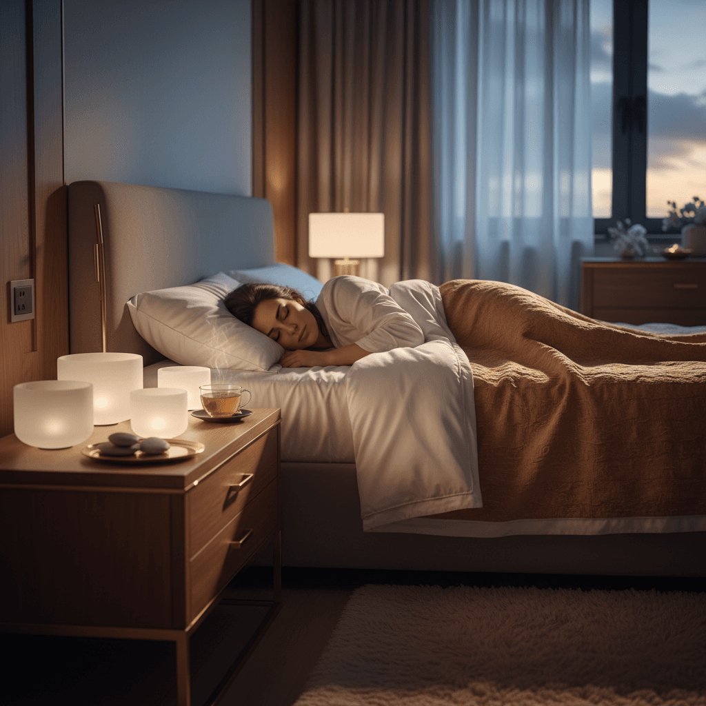 Larissa Steinbach of Soul Art Dubai creating a serene sound wellness environment to promote deep sleep through ASMR, featuring gentle lighting and soft textures.