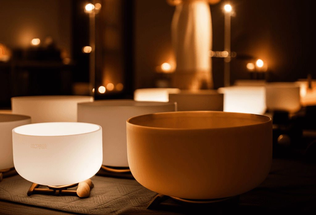 Eine athletische Person in Meditationshaltung, umgeben von sanften Klängen, symbolisiert die Harmonie von Sport und Klang-Wellness bei Soul Art Dubai unter Larissa Steinbach.