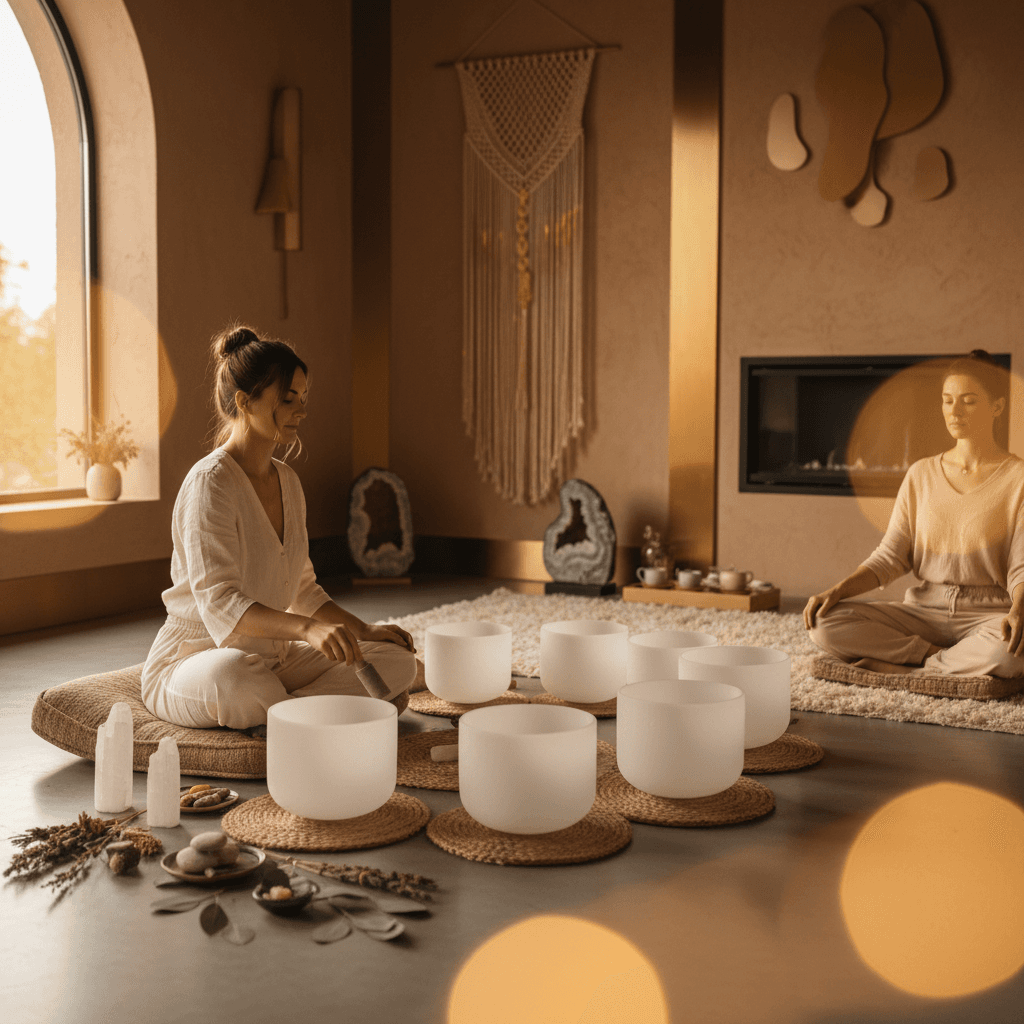 A person meditating surrounded by warm, ethereal light with a subtle sound wave overlay, representing inner peace and secure attachment facilitated by Soul Art sound wellness studio in Dubai, founded by Larissa Steinbach.