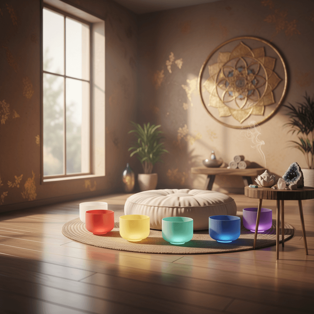 Larissa Steinbach leading a serene aura cleansing sound healing session at Soul Art Dubai with glowing crystal singing bowls, symbolizing energy body realignment and holistic wellness.