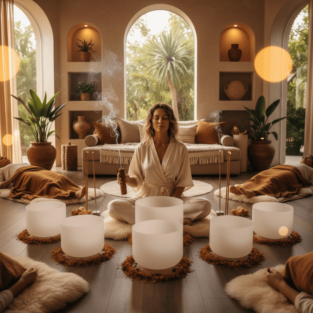 A person in a tranquil setting, surrounded by singing bowls and gongs, experiencing sound wellness at Soul Art Dubai, founded by Larissa Steinbach, to alleviate autumn melancholy.