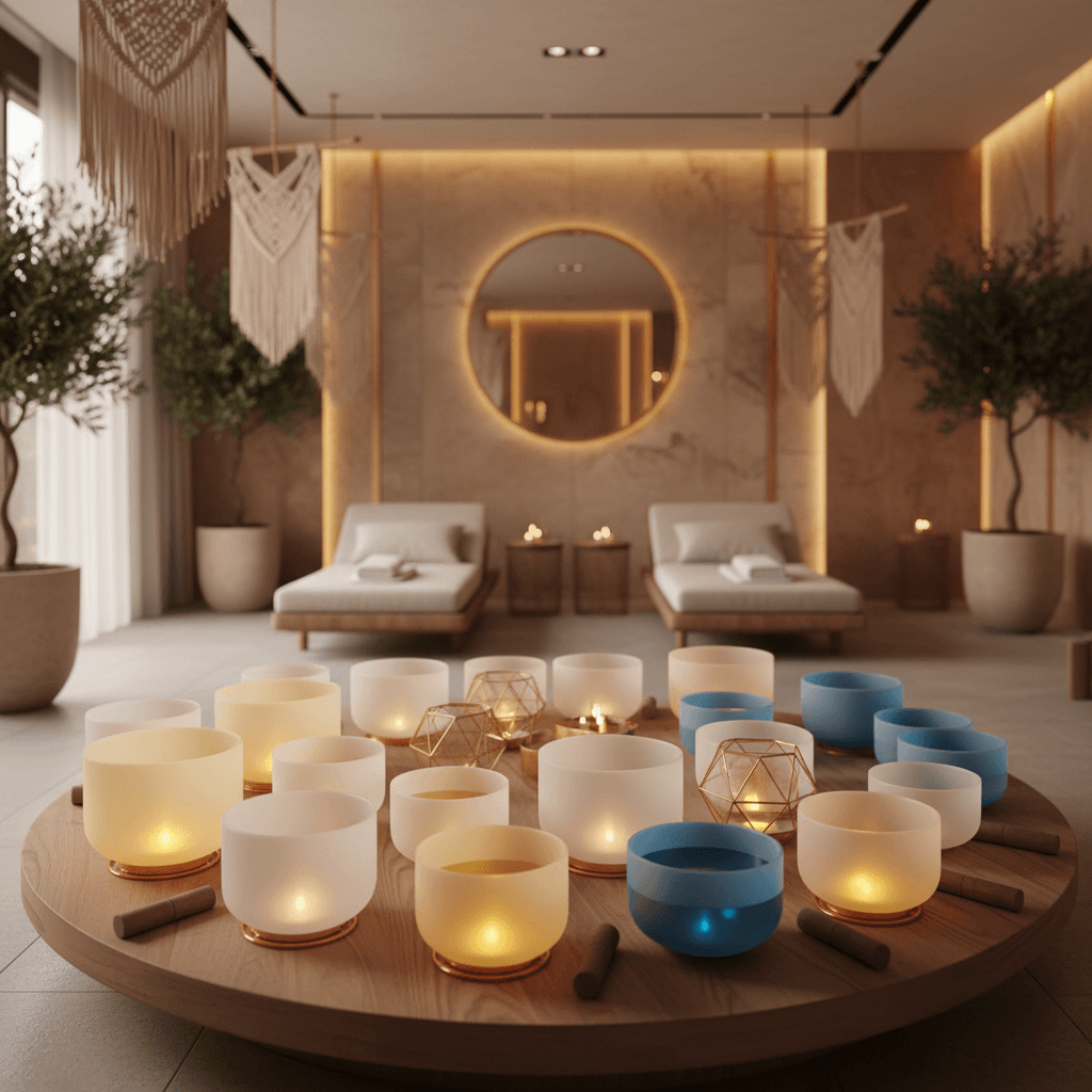 Larissa Steinbach, Gründerin von Soul Art Dubai, meditiert inmitten von Klangschalen, um die Prinzipien der Frequenz-Wellness zu demonstrieren und zur Vermeidung medizinischer Fehlinformationen im Kontext von Soul Art beizutragen.