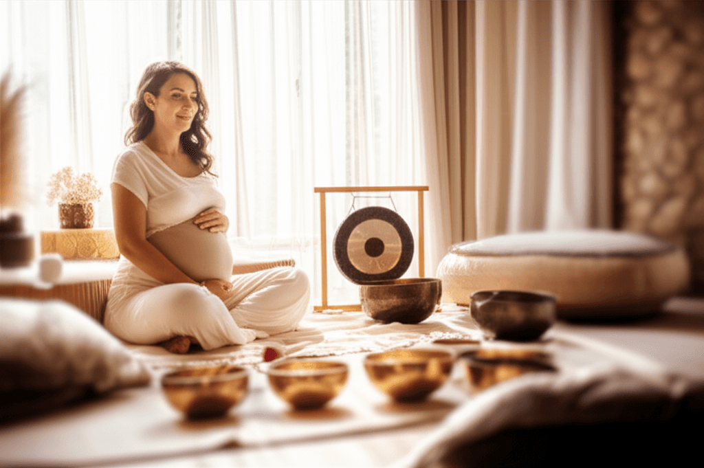 Eine Mutter massiert sanft ihr Baby, während im Hintergrund subtile Klänge zu hören sind, in einem beruhigenden Ambiente. Dieser Moment des Wohlbefindens steht für den einzigartigen Ansatz von Soul Art und Larissa Steinbach zur Förderung der frühen Entwicklung und Entspannung.