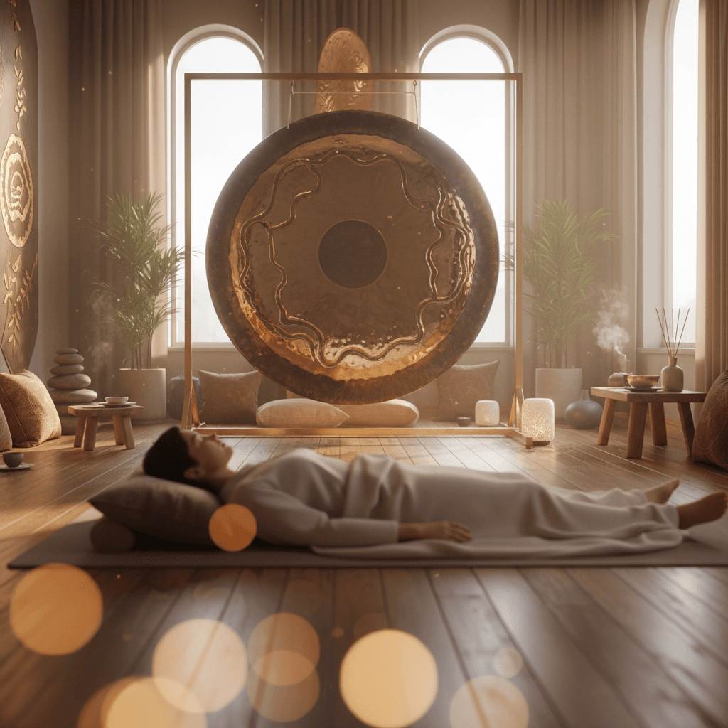 A pregnant woman gracefully participating in a Soul Art sound bath session led by Larissa Steinbach, surrounded by crystal singing bowls, evoking serene prenatal wellness.