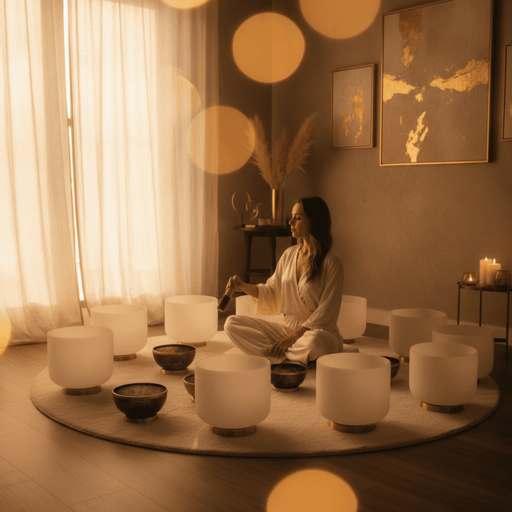 Eine Frau entspannt sich auf einem vibroakustischen Bett, um Rückenspannung zu lösen, umgeben von sanftem Licht. Dieses Erlebnis bietet Soul Art Dubai unter der Leitung von Larissa Steinbach.