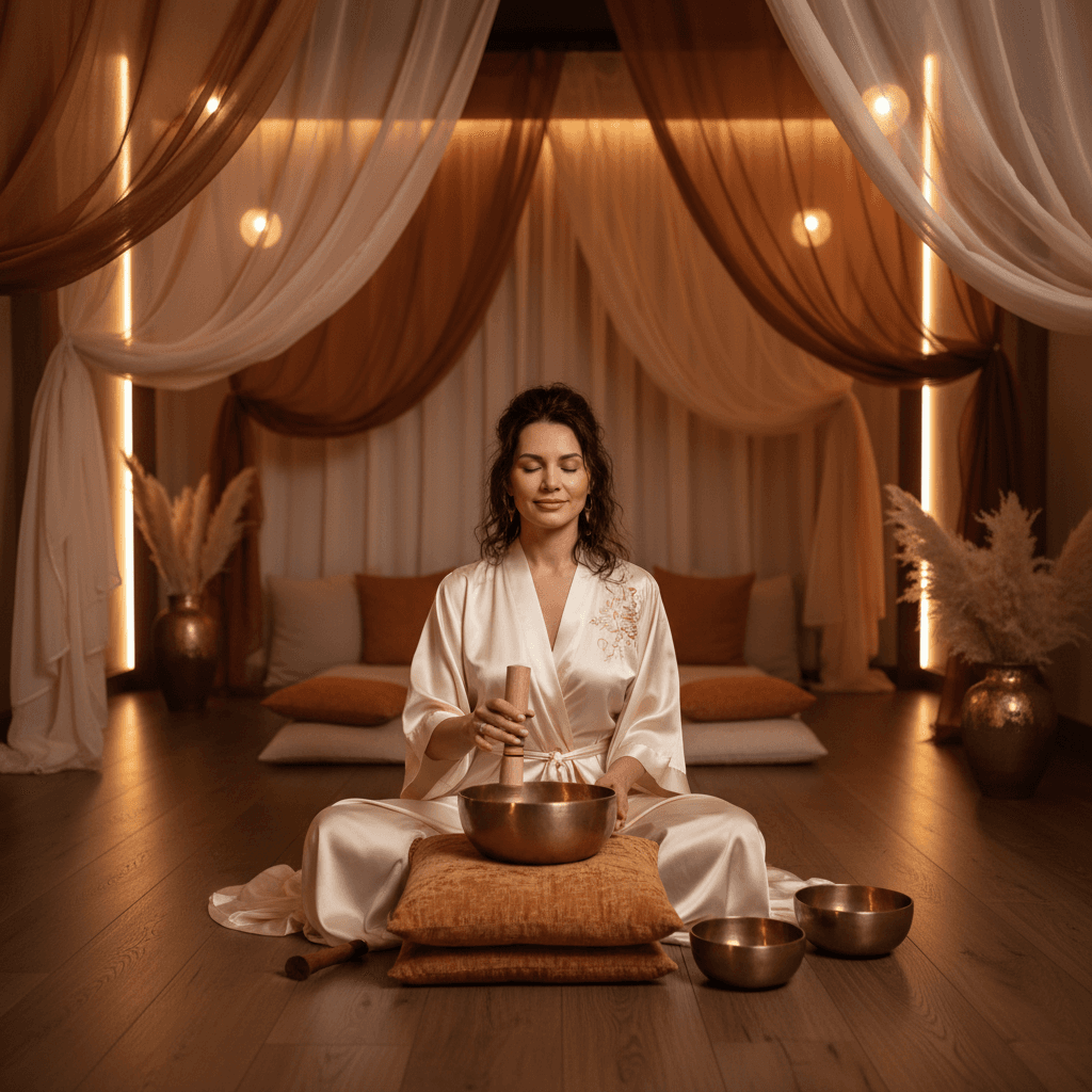 Larissa Steinbach von Soul Art Dubai leitet eine Klang-Wellness-Sitzung, die Kindern und Erwachsenen hilft, Übergangsängste beim Schulanfang zu reduzieren und Entspannung zu finden. Kristallklangschalen im Vordergrund.